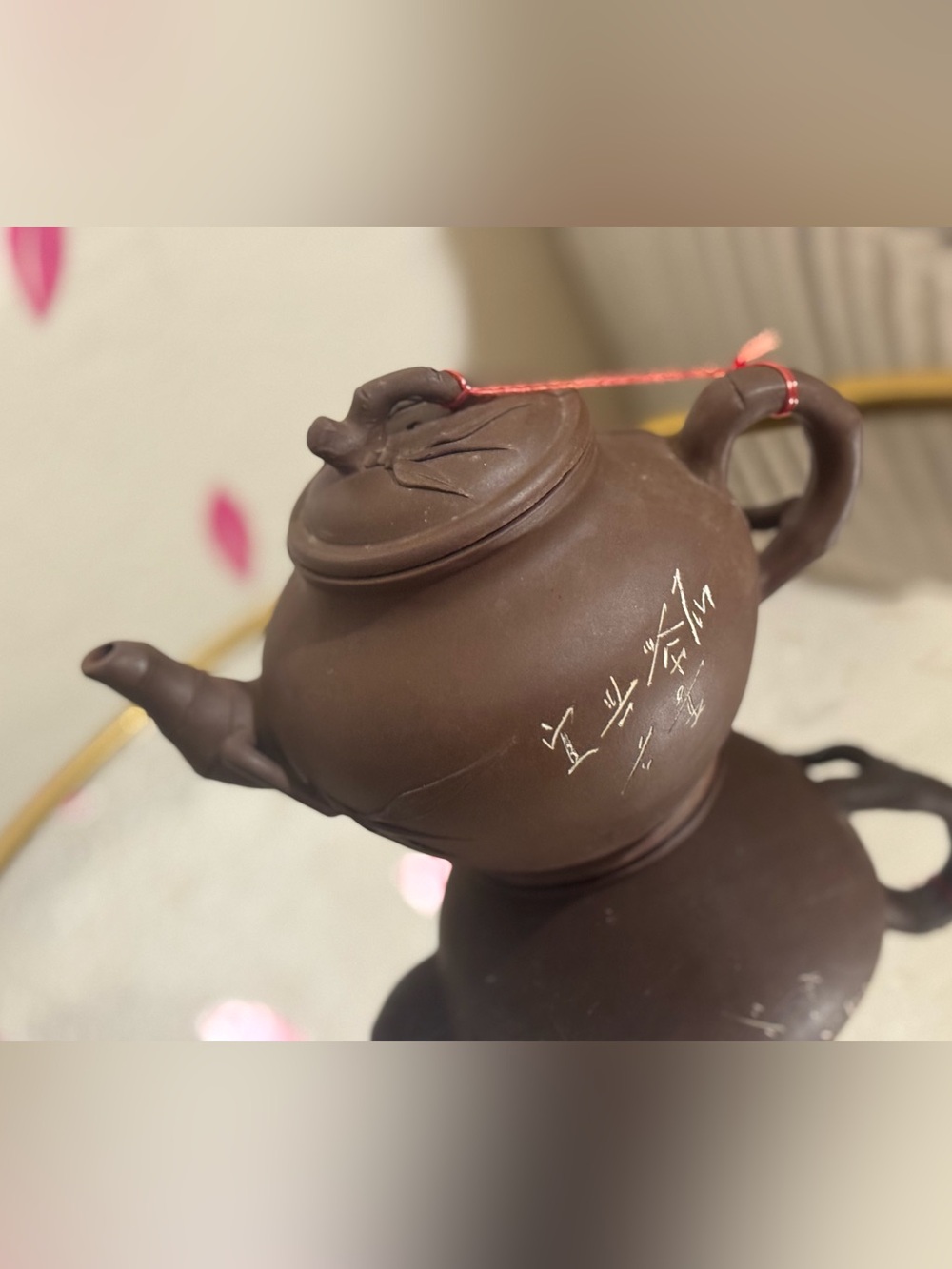 Classic Brown Ceramic Teapot with Chinese Script - Unbranded